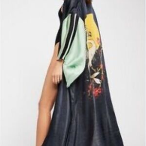 Free People Black and Green Long Kimono